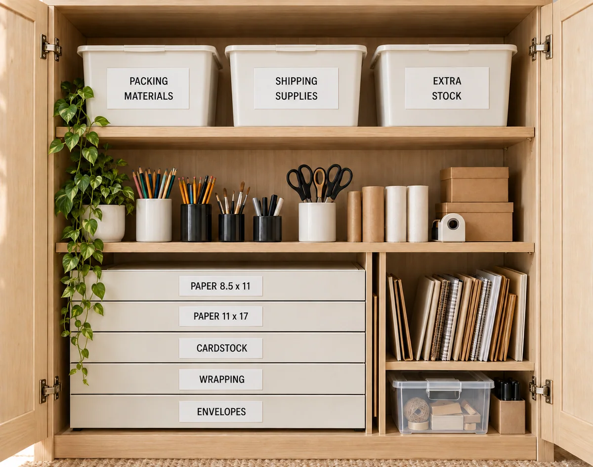 Illustrated studio cabinet with separated paper, packing materials, backstock and daily tools