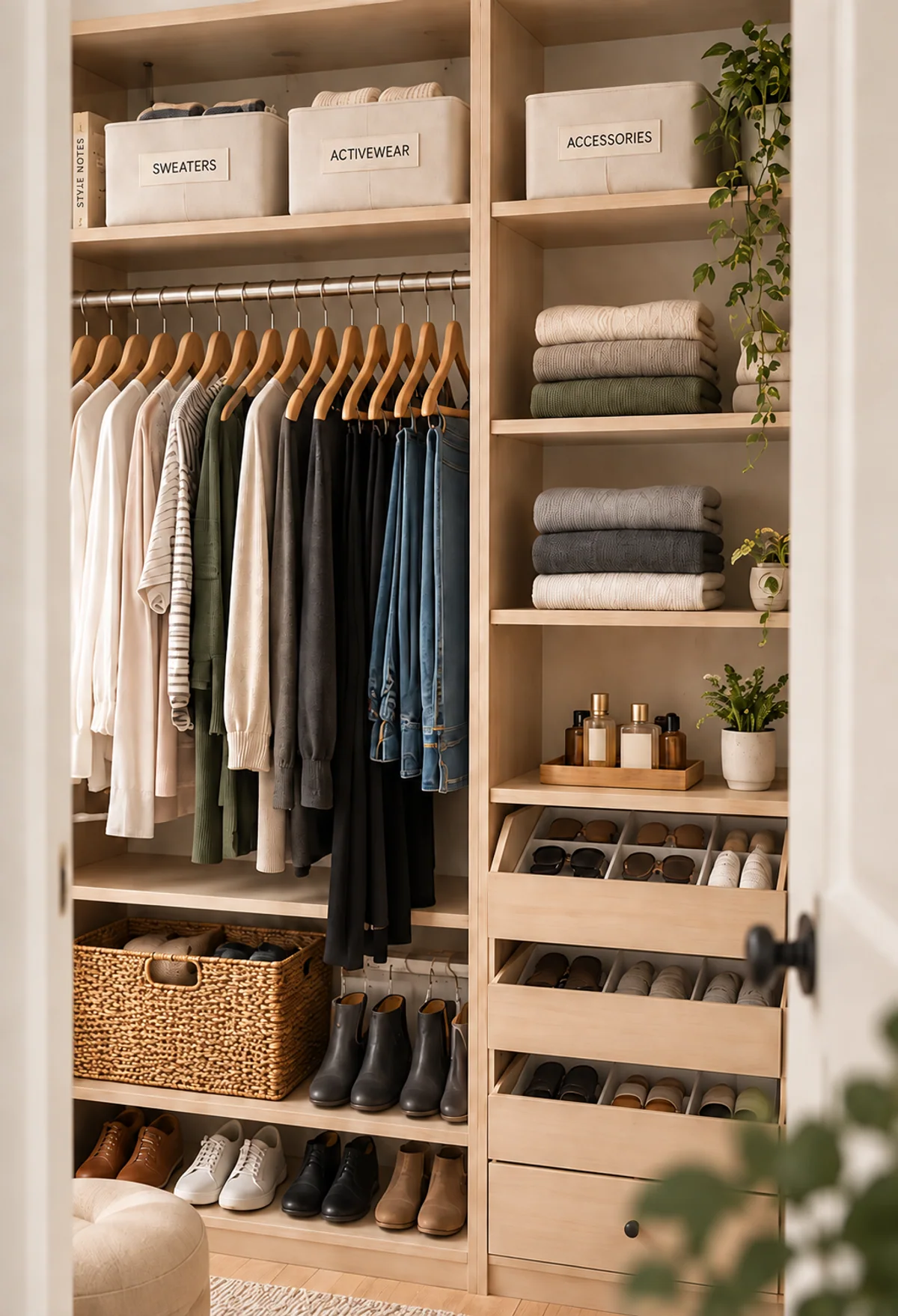 Closet with grouped hanging clothing, folded knitwear, labeled bins and drawer dividers
