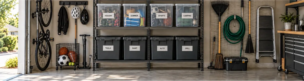 Garage shelving with labeled seasonal bins, grouped tools and sports gear, and usable floor space.