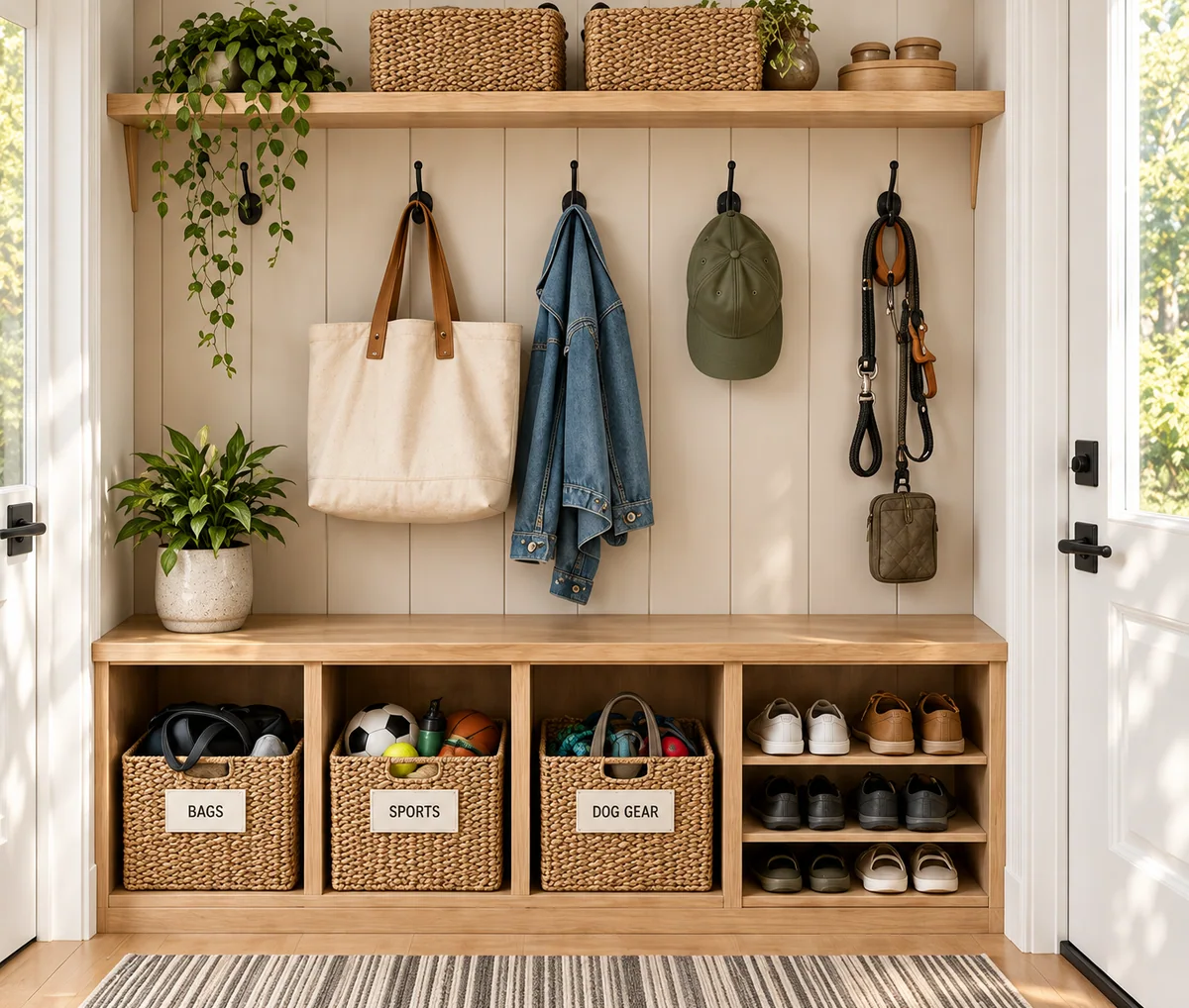 Illustrated entryway with category baskets for bags, sports and dog gear, hooks and separate shoe storage