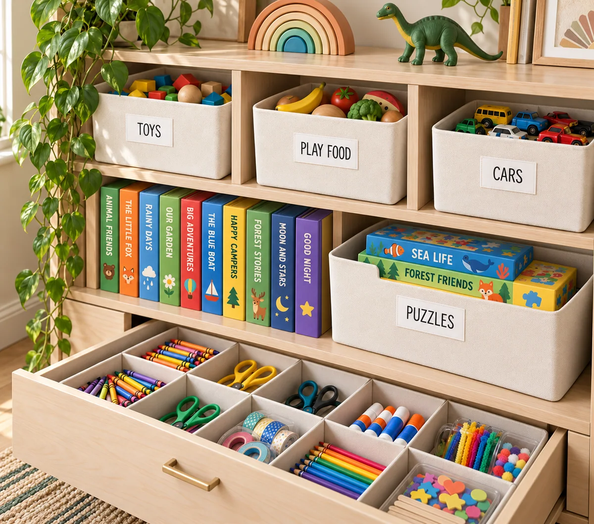 Playroom with named toy categories, books and a divided craft drawer