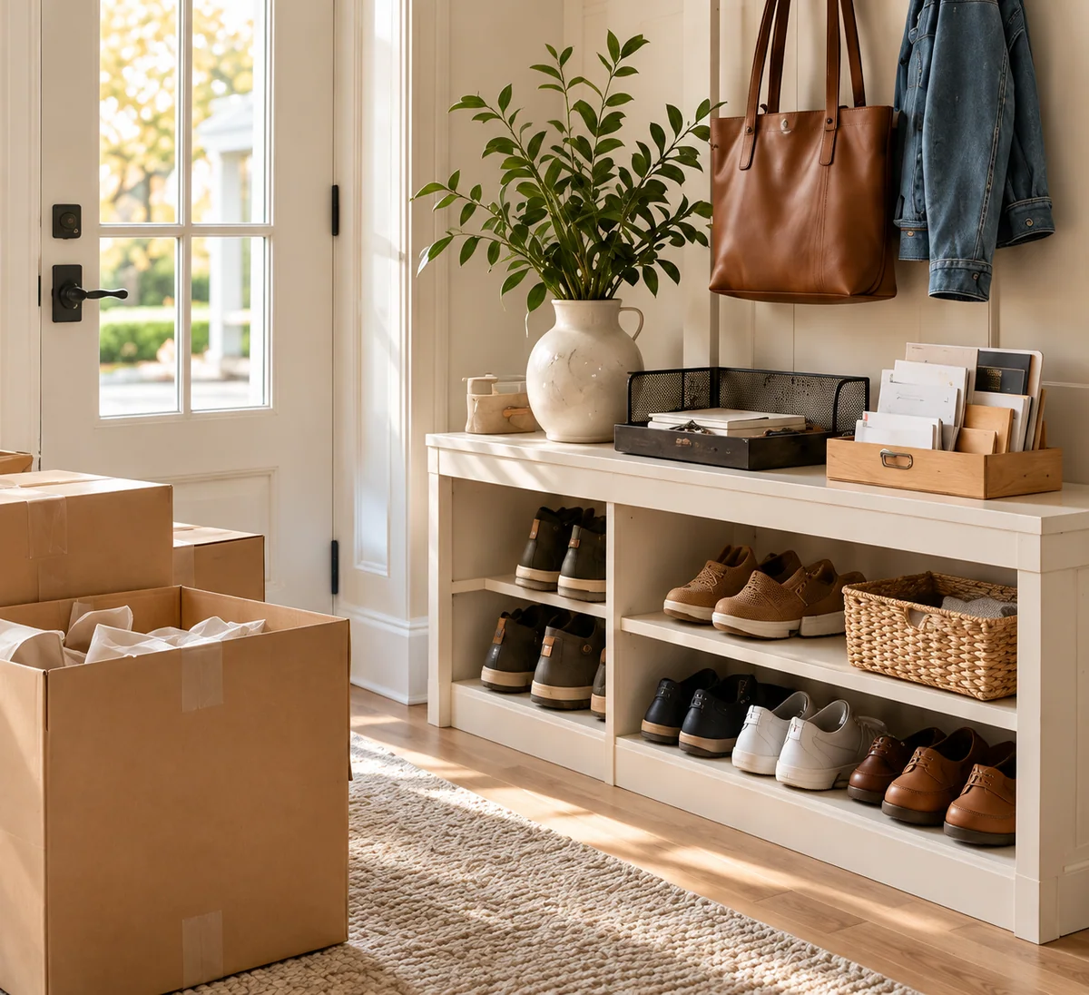 Illustrated move-in entryway with cartons beside an organized shoe, coat and mail station