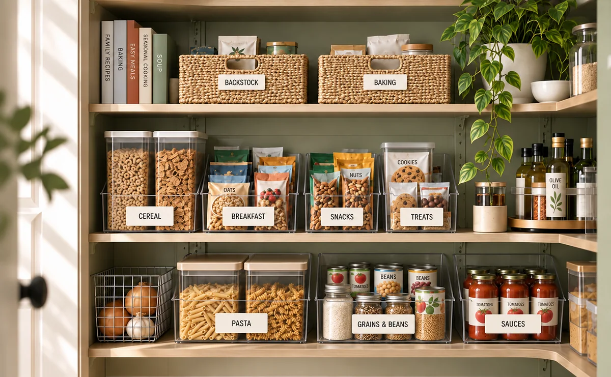 Pantry with coordinated clear category bins, baskets and risers